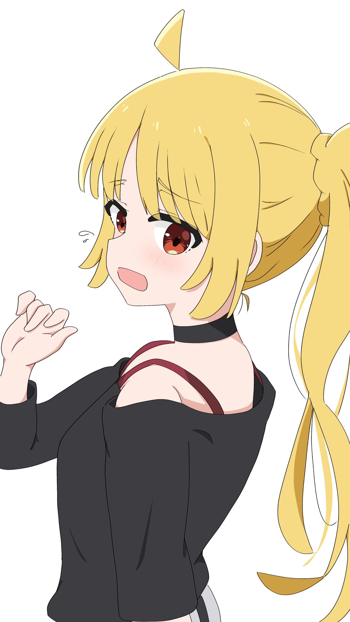 ijichi nijika, ijichi seika, bocchi the rock!, highres, 1girl, ahoge, awaco ruku, black choker, black shirt, blonde hair, blunt bangs, choker, cosplay, detached ahoge, embarrassed, from side, ijichi seika (cosplay), long sleeves, looking at viewer, navel, one side up, open mouth, pants, ponytail, shirt, side ponytail, simple background, solo, striped clothes, striped pants, white background