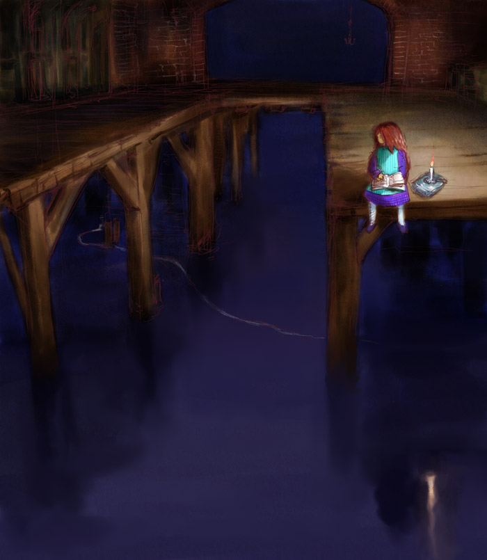 usa usa bunny, 1girl, book, candle, dress, female focus, ocean, pier, red hair, reflection, solo