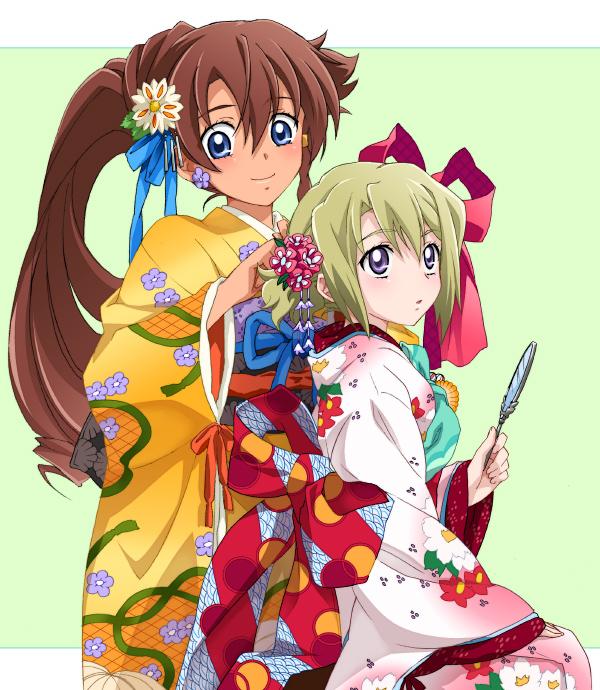 saipaco, ellis, ellis (el cazador de la bruja), nadie, el cazador de la bruja, 00s, 2girls, alternate hairstyle, asymmetrical hair, brown hair, flower, green background, hair flower, hair ornament, hair ribbon, japanese clothes, kimono, mexico, mirror, multiple girls, new year, red hair, ribbon, seigaiha, smile, yukata