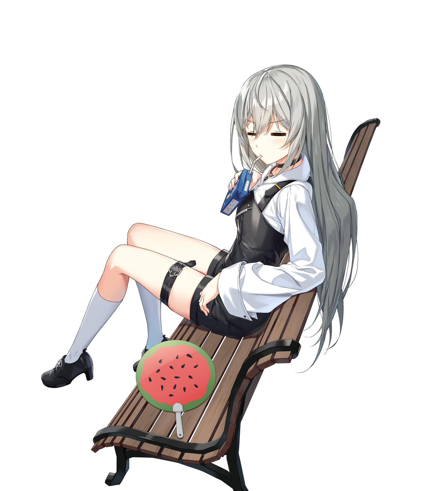 tina (closers), closers, highres, official art, 1girl, = =, belt, bench, black choker, black overalls, black shoes, choker, collared shirt, facing viewer, full body, grey hair, high heels, juice box, kneehighs, long hair, long sleeves, overall shorts, overalls, park bench, shirt, shoes, short shorts, shorts, simple background, sitting, socks, solo, thigh belt, thigh strap, thighs, v-shaped eyebrows, white background, white shirt, white socks