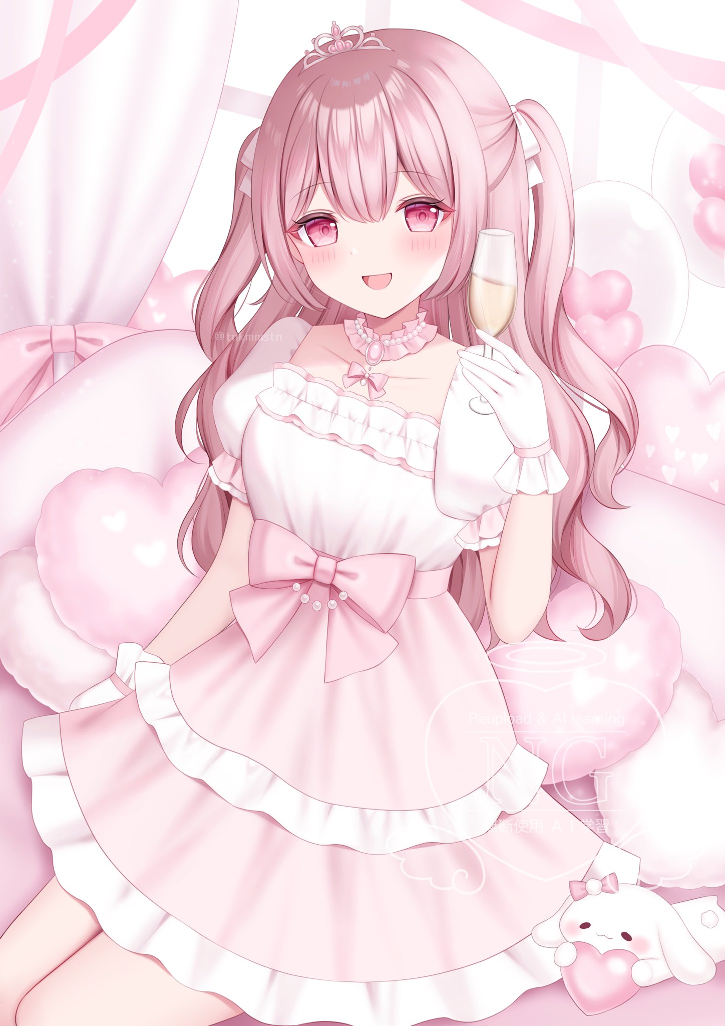 komari mhy, original, highres, 1girl, blush, bow, breasts, choker, collarbone, cup, dress, drinking glass, frilled choker, frills, gloves, hair ornament, hair ribbon, heart, heart-shaped pillow, holding, holding cup, long hair, looking at viewer, open mouth, pillow, pink bow, pink dress, pink eyes, pink hair, pink ribbon, rabbit, ribbon, short sleeves, smile, tiara, white dress, white gloves, wine glass