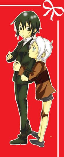 kino (kino no tabi), tea (kino no tabi), kino no tabi, 00s, 2girls, androgynous, black eyes, black hair, bow, child, green eyes, hand on own hip, multiple girls, reverse trap, short hair, shorts, sweatdrop, white hair