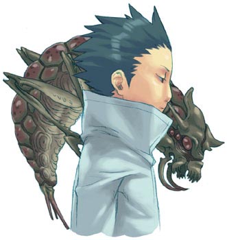 aburame shino, naruto (classic), naruto (series), artist request, lowres, 1boy, bug, male focus, monster, solo, upper body