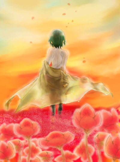 kino (kino no tabi), kino no tabi, black legwear, 00s, 1girl, androgynous, blouse, cloud, coat, female focus, field, flower, flower field, orange sky, outdoors, petals, reverse trap, shirt, short hair, sky, solo, standing, white shirt