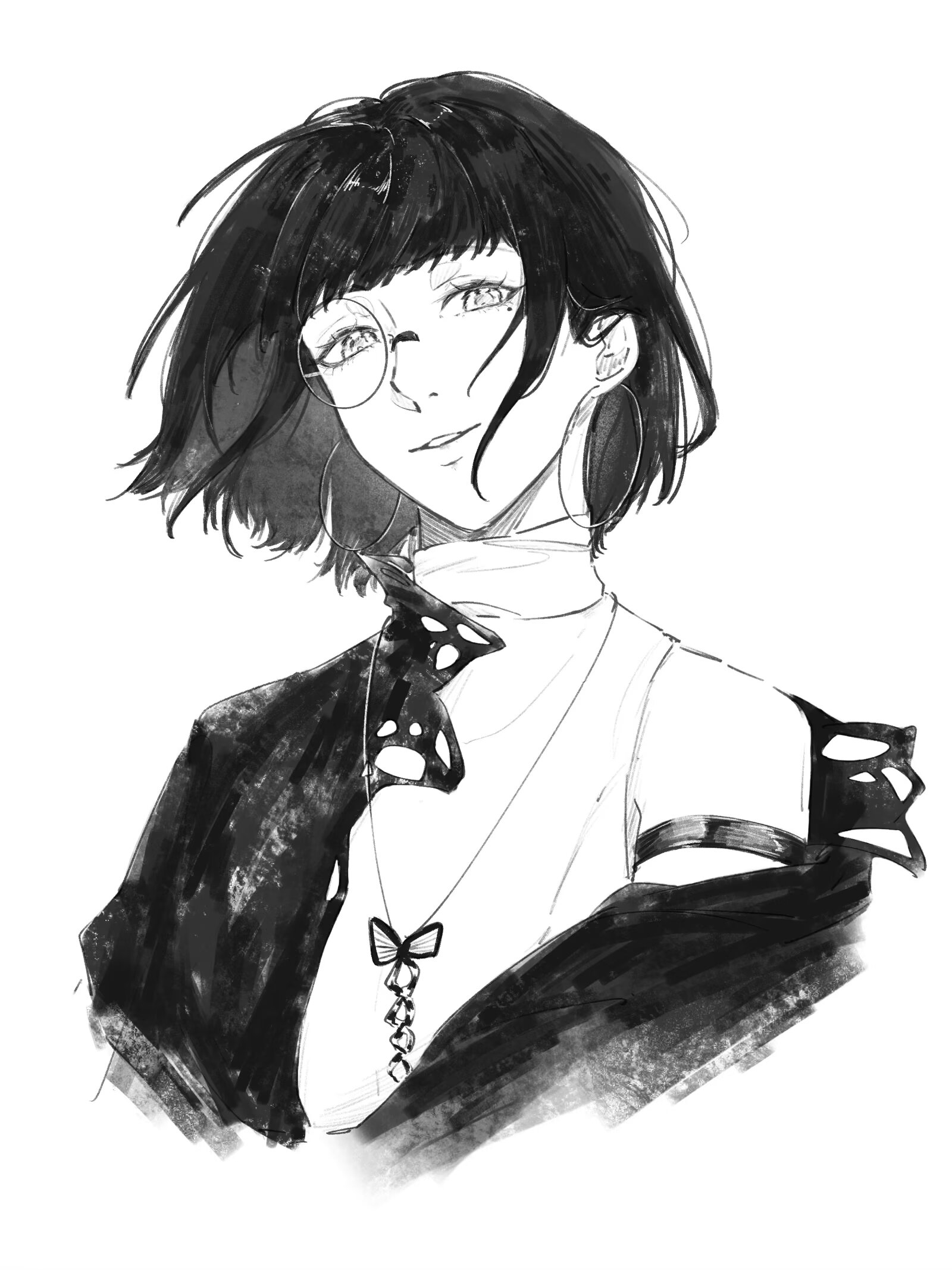 lisa (path to nowhere), path to nowhere, chinese commentary, commentary request, commission, highres, second-party source, 1girl, armband, blunt bangs, butterfly necklace, cropped torso, earrings, floating hair, greyscale, hair behind ear, hoop earrings, jewelry, looking at viewer, mole, mole under eye, monochrome, monocle, parted lips, shirt, short hair, single bare shoulder, single off shoulder, sleeveless, sleeveless shirt, smile, solo, turtleneck, turtleneck shirt, upper body