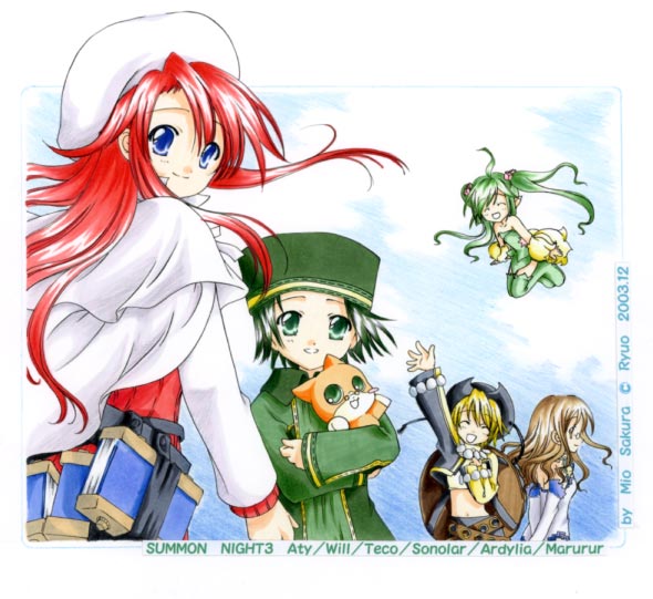 mio sakura, sakura mio (vent), teco, ardylia, aty, aty (summon night), marurur, sonolar, teco (summon night), will, will (summon night), will martini, summon night, summon night 3, 00s, 1boy, 2003, 4girls, beret, black hair, blonde hair, blue eyes, boots, brown hair, cowboy hat, cowboy western, detached sleeves, flying, glasses, green boots, green eyes, green thighhighs, hat, long hair, midriff, multiple girls, red hair, smile, thighhighs, twintails, waving