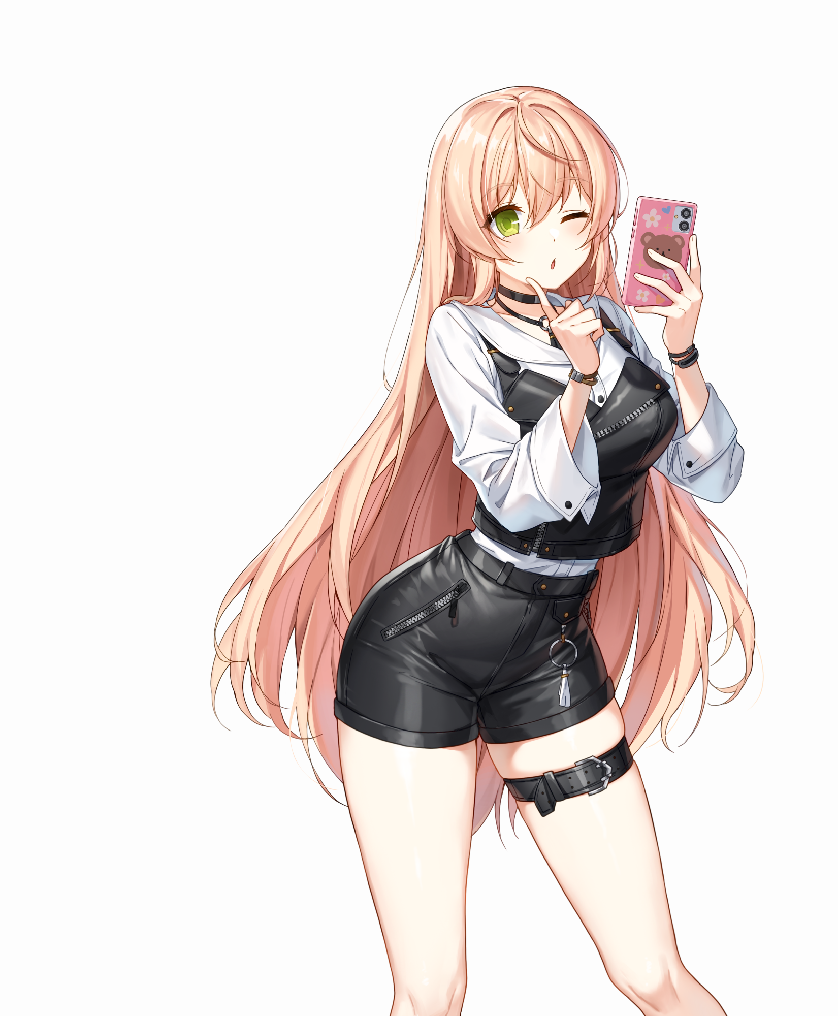 soma (closers), closers, highres, official art, 1girl, belt, black choker, black shorts, blonde hair, breasts, cellphone, choker, collared shirt, green eyes, hands up, high-waist shorts, holding, holding phone, index finger raised, large breasts, long hair, long sleeves, looking at viewer, one eye closed, parted lips, phone, shirt, shirt overhang, short shorts, shorts, simple background, smartphone, solo, thigh belt, thigh strap, thighs, very long hair, white background, white shirt, wristband