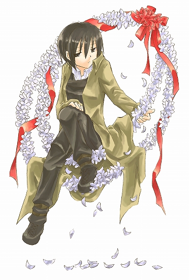 kino (kino no tabi), kino no tabi, black legwear, 00s, 1girl, androgynous, black shoes, coat, female focus, half-closed eyes, petals, reverse trap, shoes, sitting, solo