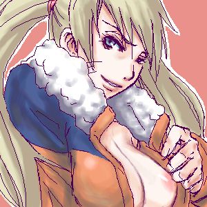 naruko (naruto), uzumaki naruto, naruto (classic), naruto (series), artist request, lowres, 1girl, blonde hair, blue eyes, blue jacket, breasts, cleavage, facial mark, facing viewer, female focus, flashing, fur-trimmed jacket, fur trim, genderswap, genderswap (mtf), hair tie, hand up, happy, high collar, jacket, large breasts, long hair, long sleeves, looking at viewer, multicolored jacket, nipple slip, nipples, no bra, oekaki, open clothes, open jacket, orange jacket, parted lips, simple background, smile, smirk, solo, teeth, twintails, upper body, whisker markings, whiskers, white jacket