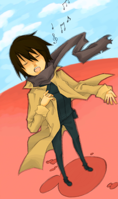 kino (kino no tabi), kino no tabi, 00s, 1girl, androgynous, black hair, closed eyes, cloud, coat, day, dutch angle, female focus, flower, full body, hair between eyes, music, musical note, outdoors, reverse trap, scarf, short hair, singing, sky, solo, standing, tomboy
