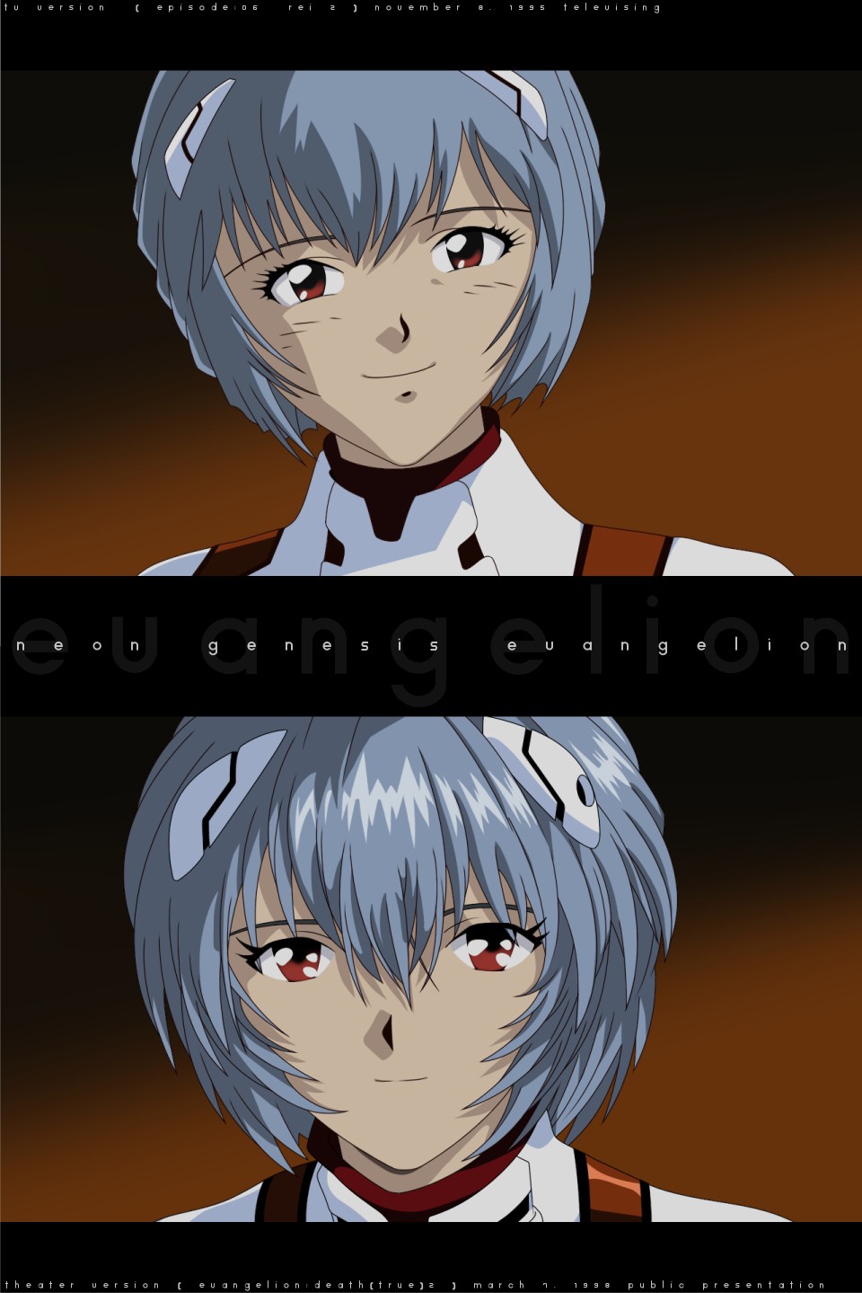 rindou, rindou (awoshakushi), ayanami rei, neon genesis evangelion, bad id, bad pixiv id, derivative work, highres, vector trace, 1girl, blue hair, comparison, female focus, gradient background, hair ornament, interface headset (evangelion), mecha pilot suit, plugsuit (evangelion), red eyes, short hair, smile, solo