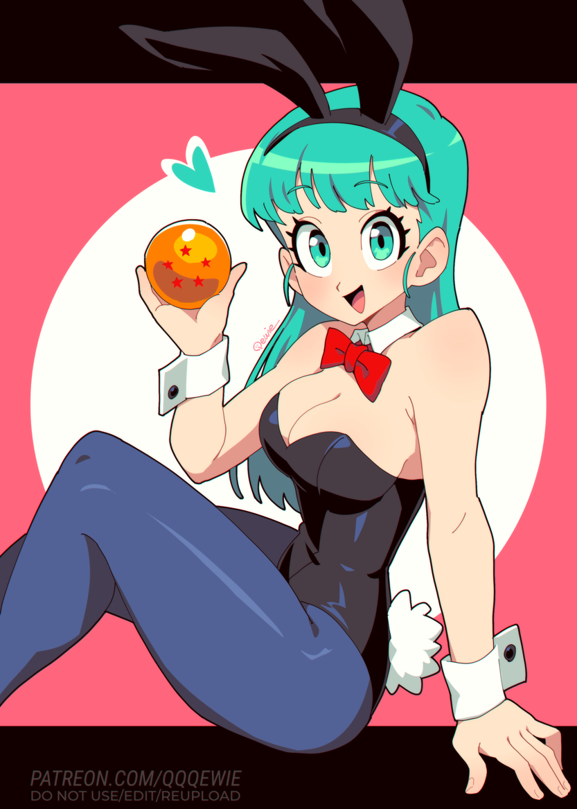 333 (dqqqdle), bulma, dragon ball, dragon ball (classic), 1girl, animal ears, aqua eyes, aqua hair, bare shoulders, black leotard, blue pantyhose, breasts, cleavage, dragon ball (object), fake animal ears, fake tail, holding, large breasts, leotard, long hair, official alternate costume, pantyhose, pink background, playboy bunny, rabbit ears, rabbit tail, simple background, sitting, smile, solo, strapless, strapless leotard, tail