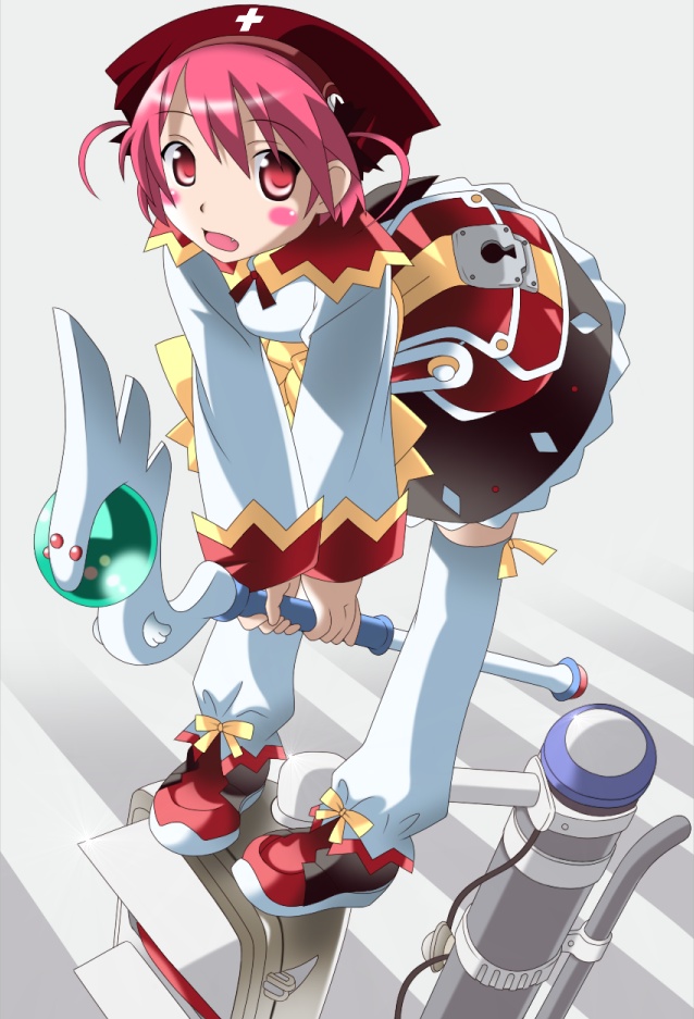rindou, rindou (awoshakushi), nakahara komugi, nurse witch komugi-chan, bad id, bad pixiv id, derivative work, vector trace, 1girl, cosplay, crosswalk, female focus, pink eyes, pink hair, solo, staff, traffic light