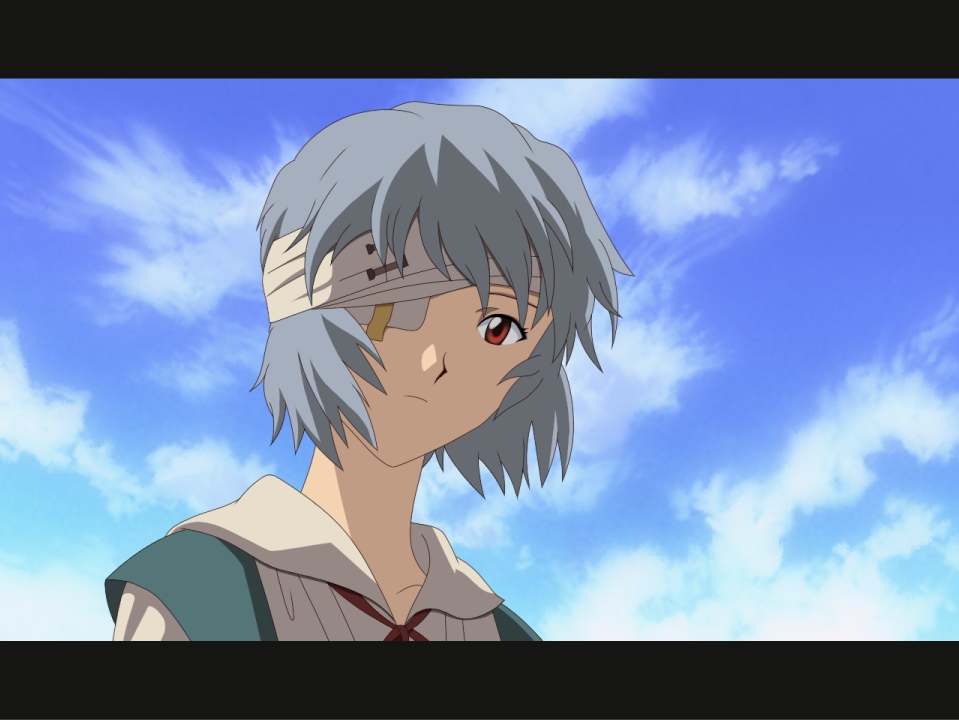 rindou, rindou (awoshakushi), ayanami rei, evangelion: 1.0 you are (not) alone, neon genesis evangelion, rebuild of evangelion, bad id, bad pixiv id, derivative work, vector trace, 00s, 1girl, bandage over one eye, bandages, blue hair, close-up, cloud, day, eyepatch, female focus, frown, letterboxed, outdoors, red eyes, ribbon, school uniform, serafuku, short hair, sky, solo