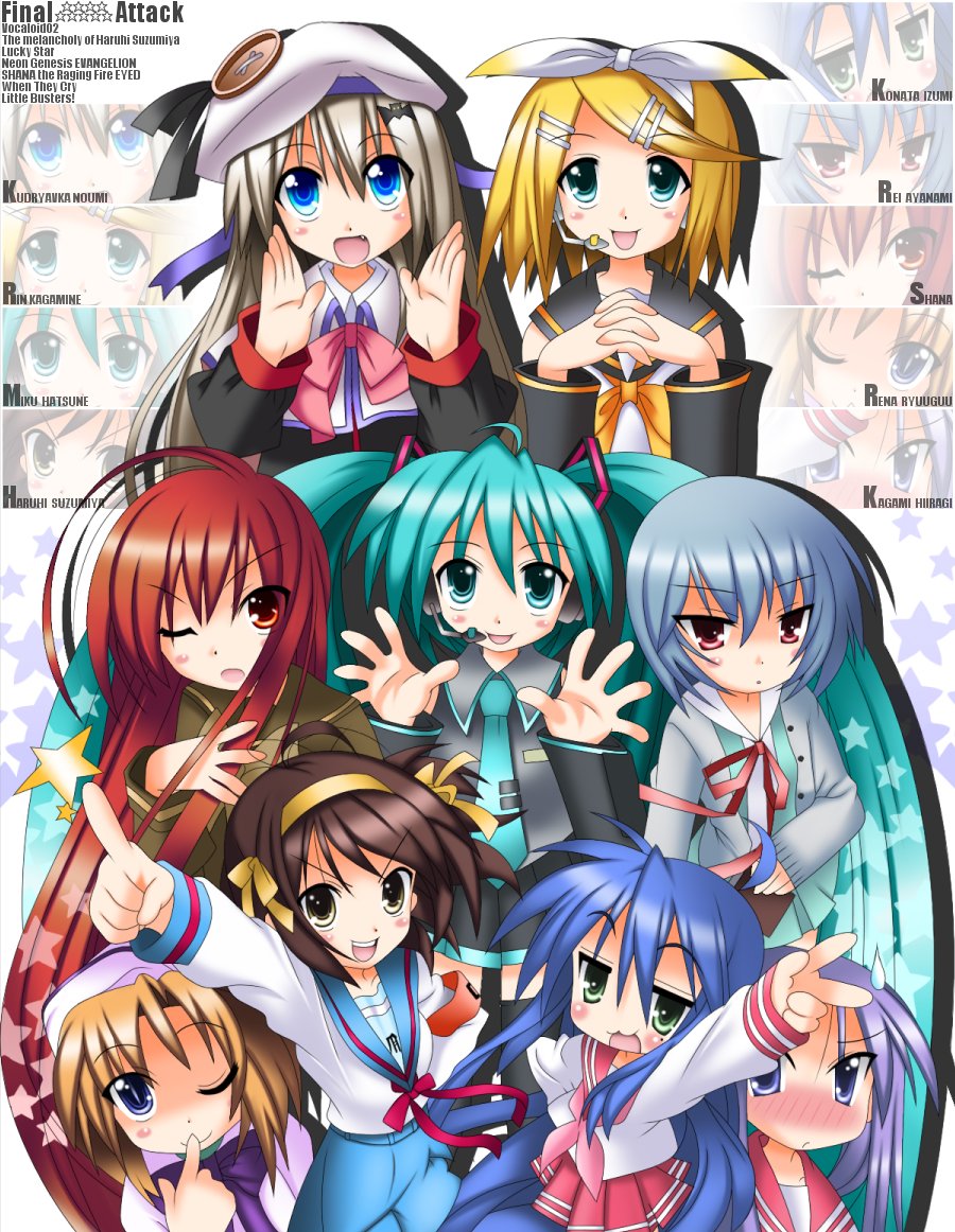 rindou, rindou (awoshakushi), ayanami rei, hatsune miku, hiiragi kagami, izumi konata, kagamine rin, noumi kudryavka, ryuuguu rena, shana, suzumiya haruhi, higurashi no naku koro ni, little busters!, lucky star, neon genesis evangelion, shakugan no shana, suzumiya haruhi no yuuutsu, vocaloid, silver hair, bad id, bad pixiv id, 00s, 6+girls, aqua eyes, aqua hair, blonde hair, blue eyes, blue hair, blush, bow, brown eyes, brown hair, buttons, crossover, fang, hairband, hat, large buttons, long hair, microphone, mole, mole under eye, multiple girls, necktie, one eye closed, orange hair, pink bow, pointing, purple hair, red eyes, red hair, school uniform, serafuku, short hair, sweatdrop, twintails, v, very long hair, wink