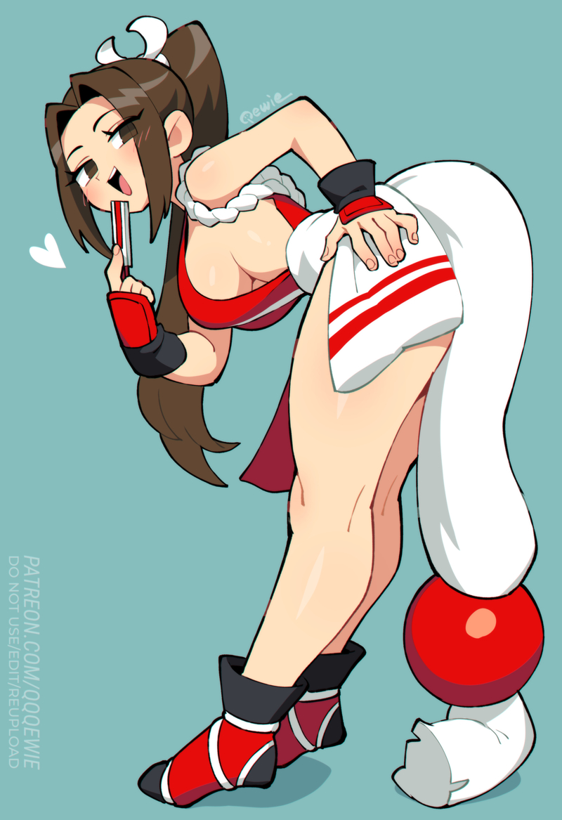 333 (dqqqdle), shiranui mai, fatal fury, 1girl, :d, arm guards, bent over, breasts, brown eyes, brown hair, folding fan, hand fan, hand on own hip, japanese clothes, long hair, motoyui, open mouth, ponytail, revealing clothes, sideboob, smile, socks, solo, standing, tabi, thighs, wrist guards