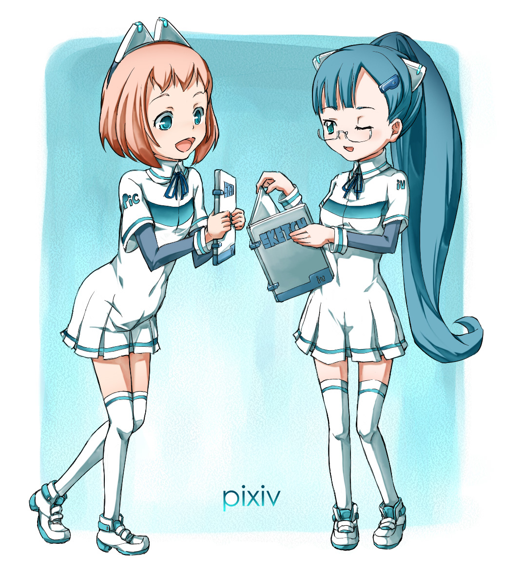 mishima hiroji, pixiv-tan, pixiv, white legwear, 2girls, :d, ;d, animal ears, blue eyes, cat ears, dress, fake animal ears, full body, glasses, green eyes, hairband, long hair, multiple girls, one eye closed, open mouth, ponytail, rimless eyewear, sailor collar, sailor dress, shoes, smile, sneakers, thighhighs, very long hair, white dress, zettai ryouiki
