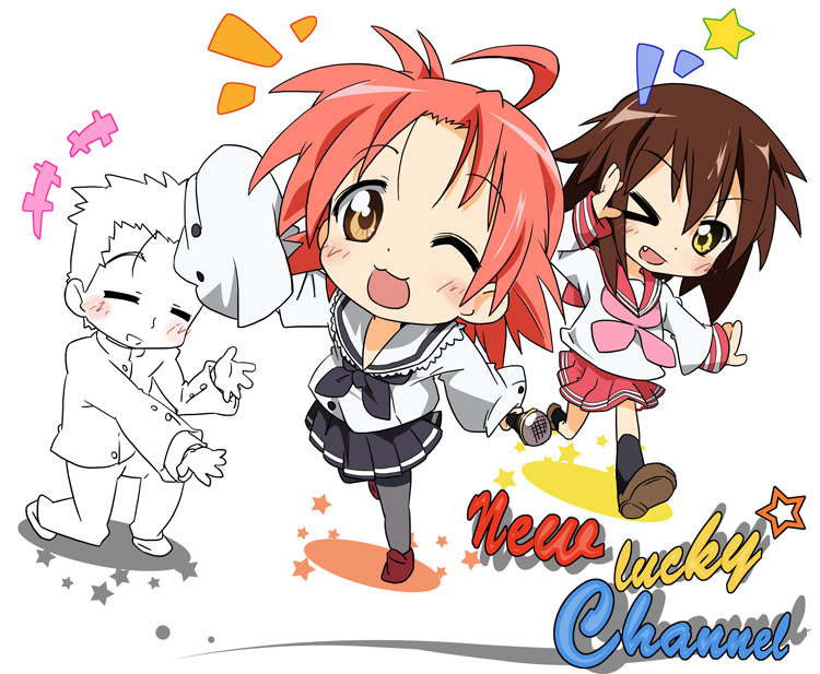 ixy, kogami akira, kusakabe misao, shiraishi minoru, lucky star, black legwear, 00s, 1boy, 2girls, :3, ;d, ahoge, blush, brown hair, chibi, english text, holding, long sleeves, looking at viewer, microphone, multiple girls, one eye closed, open mouth, oversized clothes, pantyhose, partially colored, pleated skirt, school uniform, serafuku, shadow, shirt, shoes, silhouette, simple background, skirt, sleeves past wrists, smile, spot color, star (symbol), white background, wink, yellow eyes