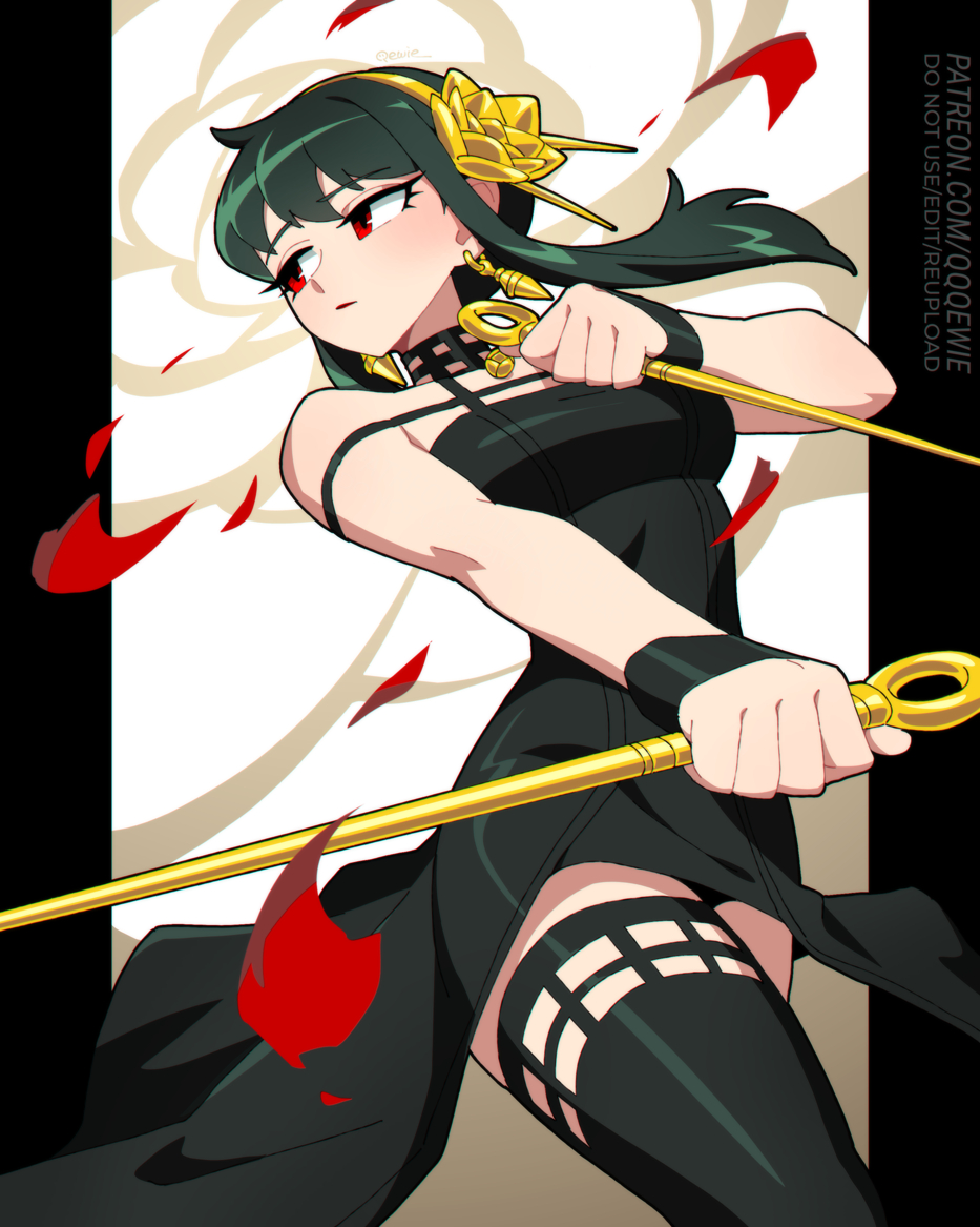333 (dqqqdle), yor briar, spy x family, 1girl, artist name, black dress, dagger, dress, earrings, gold earrings, gold hairband, hairband, holding, holding dagger, holding knife, holding weapon, jewelry, knife, looking to the side, patreon username, red eyes, red petals, sidelocks, solo, stiletto (weapon), thighhighs, weapon