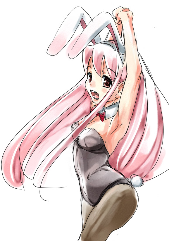 mishima hiroji, animal ears, choker, fake animal ears, leotard, long hair, pantyhose, pink hair, playboy bunny, rabbit ears, solo