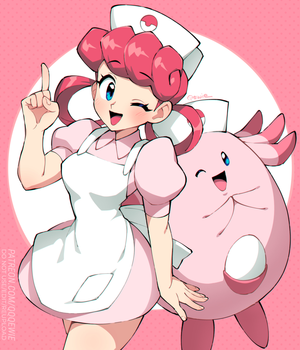 333 (dqqqdle), chansey, joy (pokemon), nintendo, pokemon, pokemon (anime), pokemon (classic anime), 1girl, ;d, apron, artist name, blue eyes, dress, gen 1 pokemon, hair rings, hat, index finger raised, looking at viewer, nurse, nurse cap, one eye closed, open mouth, pink dress, pink hair, pokemon (creature), puffy short sleeves, puffy sleeves, short sleeves, smile, white apron