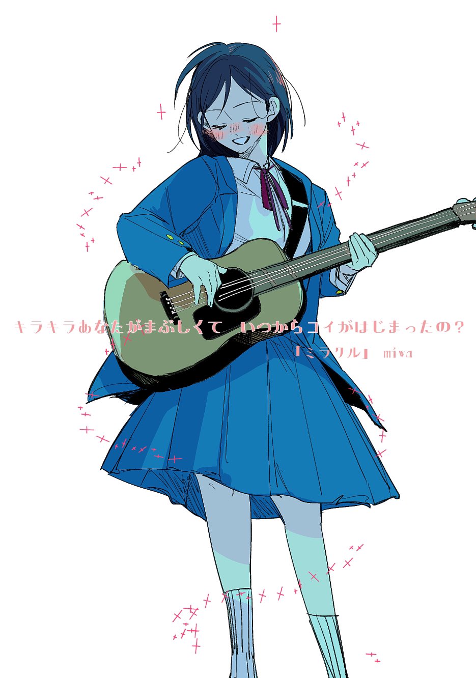hatono chihiro, futsuu no keion-bu, highres, 1girl, acoustic guitar, black hair, blue jacket, blue skirt, blush, closed eyes, feet out of frame, guitar, guitar strap, holding, holding guitar, holding instrument, instrument, jacket, long sleeves, neck ribbon, open clothes, open jacket, red ribbon, ribbon, ringopaisa, shirt, skirt, smile, socks, solo, u u, white shirt, white socks