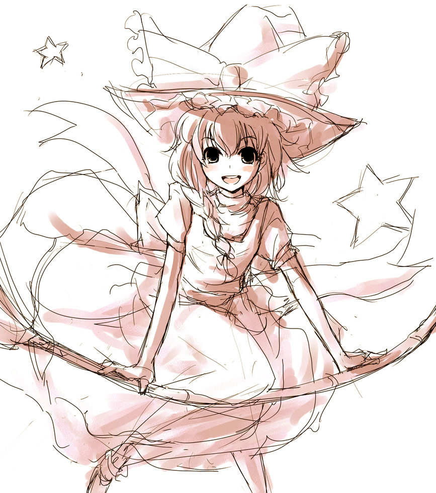 mishima hiroji, kirisame marisa, touhou, 1girl, broom, broom riding, female focus, monochrome, pink theme, sketch, solo, star (symbol)