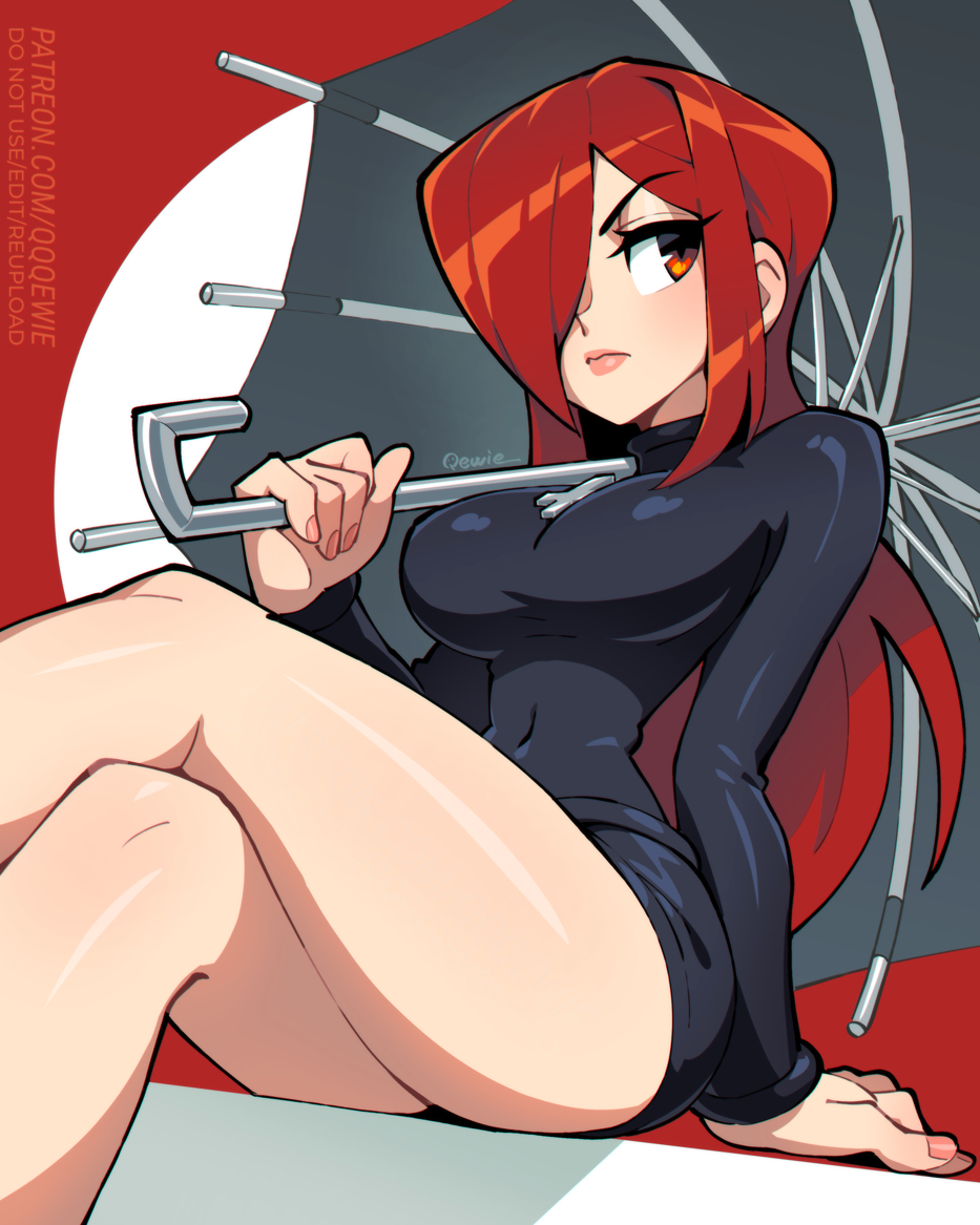 333 (dqqqdle), parasoul (skullgirls), skullgirls, 1girl, breasts, covered navel, cross, cross necklace, hair over one eye, jewelry, large breasts, long hair, necklace, red eyes, red hair, solo, sweater, thighs, umbrella