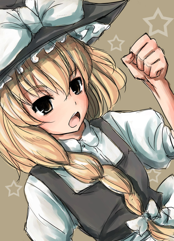 mishima hiroji, kirisame marisa, touhou, eyebrows, 1girl, :o, black hat, black vest, blonde hair, bow, braid, brown background, brown eyes, clenched hand, dutch angle, female focus, flat chest, hair bow, hat, hat bow, long hair, open mouth, shirt, single braid, sketch, solo, star (symbol), upper body, vest, white bow, white shirt, witch hat