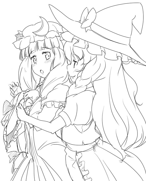 mishima hiroji, kirisame marisa, patchouli knowledge, touhou, 2girls, :o, apron, blush, braid, collar, dress, female focus, frilled apron, frills, greyscale, hat, lineart, long sleeves, looking at viewer, monochrome, multiple girls, open mouth, puffy short sleeves, puffy sleeves, short sleeves, single braid, waist apron, witch hat