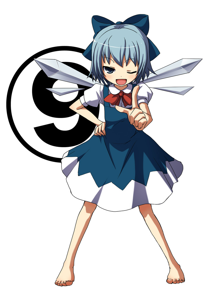 mishima hiroji, cirno, phantasmagoria of flower view, touhou, 1girl, barefoot, bow, circled 9, feet, female focus, foreshortening, one eye closed, pointing, solo, wink
