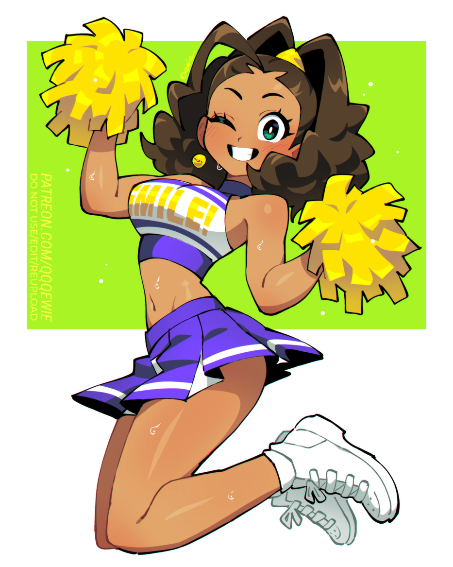 333 (dqqqdle), original, 1girl, blush, breasts, bright pupils, brown hair, cheerleader, dark-skinned female, dark skin, earrings, holding, holding pom poms, jewelry, large breasts, looking at viewer, navel, one eye closed, open mouth, pom pom (cheerleading), pom poms, purple skirt, shoes, short hair, skirt, smile, sneakers, solo, sweat, teeth, white pupils, white shoes