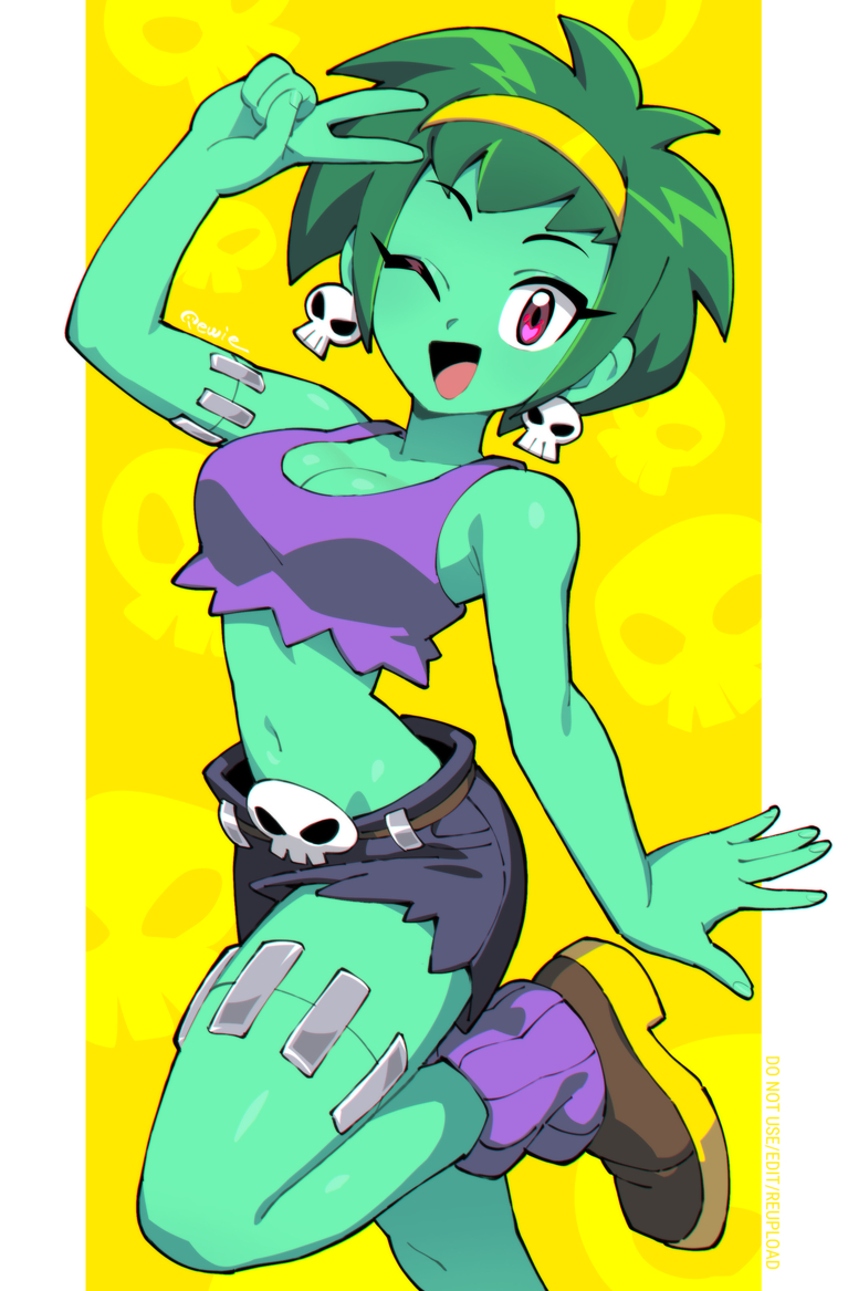 333 (dqqqdle), rottytops, shantae (series), commentary, 1girl, breasts, brown shoes, cleavage, colored skin, crop top, earrings, green hair, green skin, hairband, jewelry, loose socks, navel, one eye closed, open mouth, purple socks, red eyes, shoes, short hair, shorts, skull belt, skull earrings, smile, socks, solo, stitches, tank top, torn clothes, torn shorts, torn tank top, v, yellow hairband, zombie