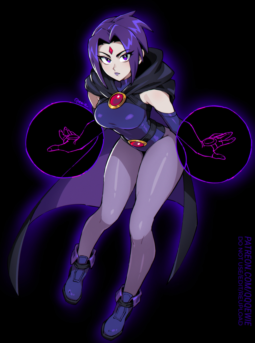 333 (dqqqdle), raven (dc), dc comics, multiversus, teen titans, 1girl, artist name, black background, black leotard, black pantyhose, breasts, cape, cloak, closed mouth, colored skin, elbow gloves, fingerless gloves, forehead jewel, full body, gloves, grey skin, highleg, leaning forward, leotard, looking at viewer, medium breasts, official alternate costume, pantyhose, purple cloak, purple eyes, purple hair, purple leotard, shadow hands, short hair, solo, superhero costume, umbrakinesis