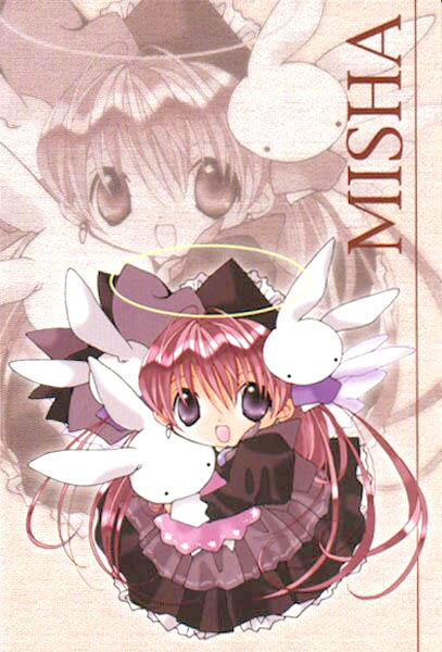 koge donbo, misha, misha (pita ten), pita ten, 1girl, :d, character name, chibi, dress, earrings, female focus, hair ornament, halo, jewelry, juliet sleeves, long hair, long sleeves, looking at viewer, open mouth, pink hair, puffy sleeves, purple eyes, rabbit, rabbit hair ornament, smile, solo, stuffed toy, traditional halo, wings, zoom layer