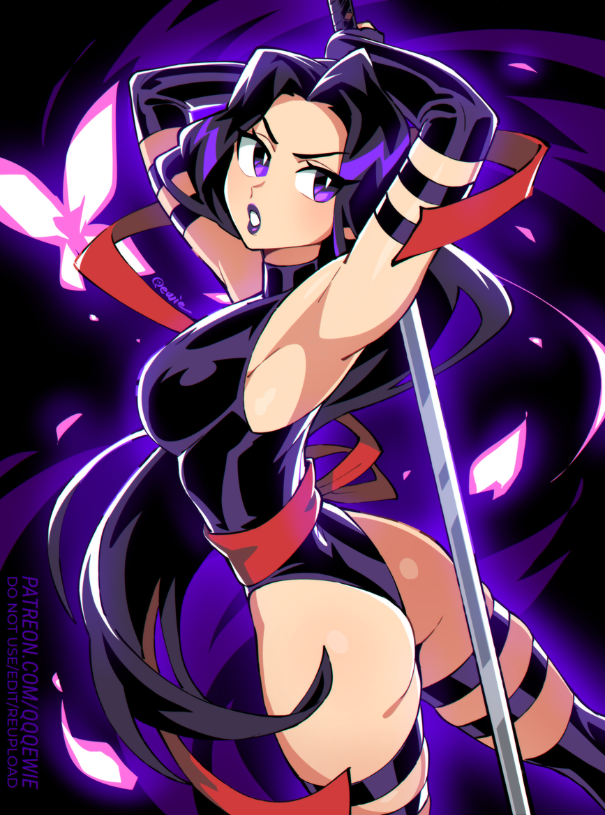 333 (dqqqdle), psylocke, psylocke (vengeance), marvel, marvel rivals, x-men, 1girl, armpits, ass, bare shoulders, breasts, bright pupils, highleg, highleg leotard, holding, holding sword, holding weapon, leotard, long hair, looking at viewer, looking back, purple eyes, purple hair, solo, superhero costume, sword, thigh strap, thighhighs, thighs, weapon, white pupils