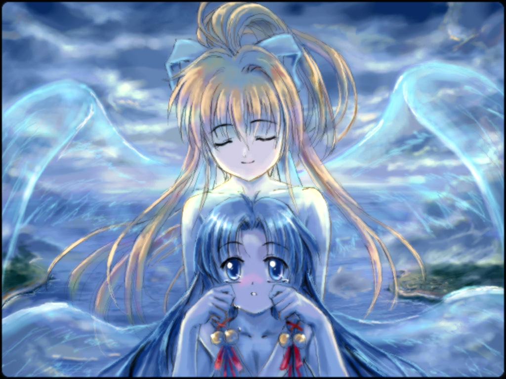 mutsuki (moonknives), kamio misuzu, kannabi no mikoto, air (visual novel), key (company), non-web source, 00s, 2girls, blonde hair, multiple girls, oekaki, ponytail, wings