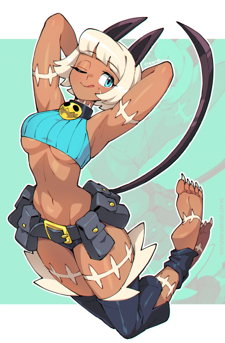 333 (dqqqdle), ms. fortune (skullgirls), skullgirls, 1girl, animal ears, arms behind head, barefoot, belt, belt pouch, blue eyes, bob cut, breasts, cat ears, cat girl, cat tail, crop top, dark-skinned female, dark skin, detached leggings, medium breasts, navel, one eye closed, pouch, ribbed shirt, scar, sharp toenails, shirt, short hair, solo, tail, toenails, underboob, utility belt, white hair