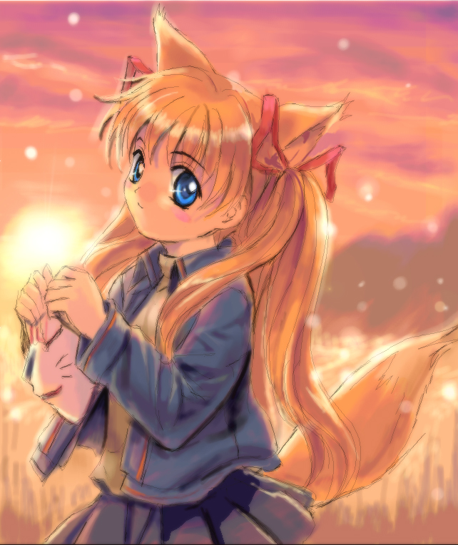 mutsuki (moonknives), sawatari makoto, kanon, key (company), non-web source, 1girl, animal ears, blonde hair, blue eyes, denim, denim jacket, female focus, fox ears, fox mask, hair ribbon, jacket, long hair, mask, ribbon, solo, tail