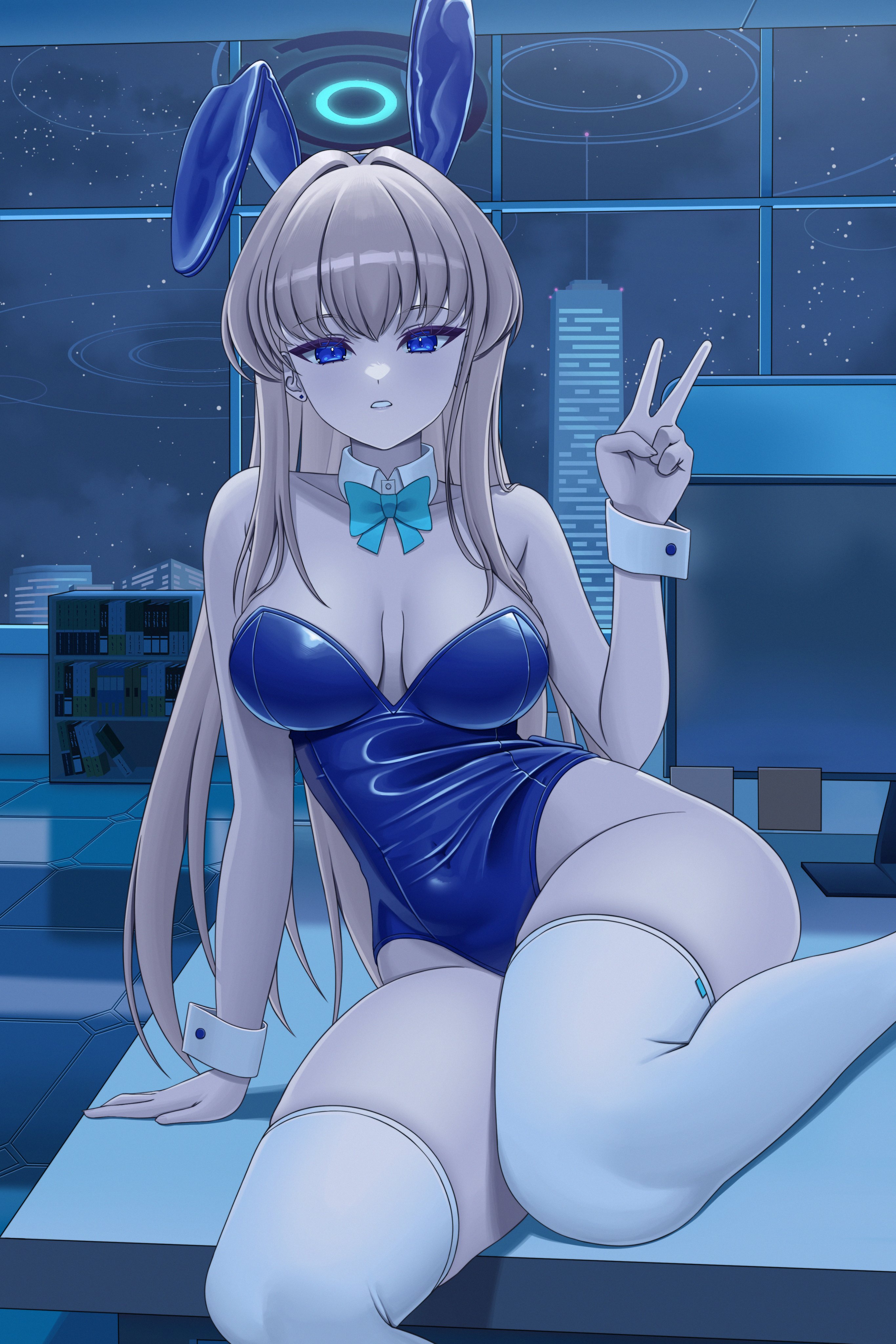 nagamma, toki (blue archive), toki (bunny) (blue archive), blue archive, 1girl, animal ears, arm support, arm up, bare hips, bare shoulders, blonde hair, blue bow, blue bowtie, blue eyes, blue leotard, bow, bowtie, breasts, collar, collarbone, detached collar, dot nose, earrings, expressionless, eyebrows hidden by hair, fake animal ears, feet out of frame, female focus, hand up, highleg, highleg leotard, indoors, jewelry, large breasts, leaning to the side, leotard, long hair, looking at viewer, night, night sky, parted lips, rabbit ears, sitting, sky, solo, strapless, strapless leotard, teeth, thighhighs, thighs, v, white collar, white thighhighs, wide hips, wrist cuffs