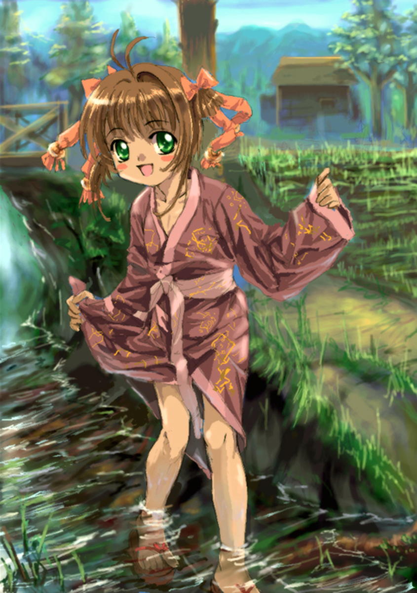 mutsuki (moonknives), kinomoto sakura, cardcaptor sakura, kodansha, highres, non-web source, 1990s (style), 1girl, antenna hair, blush, brown hair, child, clothes lift, female focus, green eyes, japanese clothes, kimono, kimono lift, oekaki, retro artstyle, sandals, short hair, solo, stream, wading, water