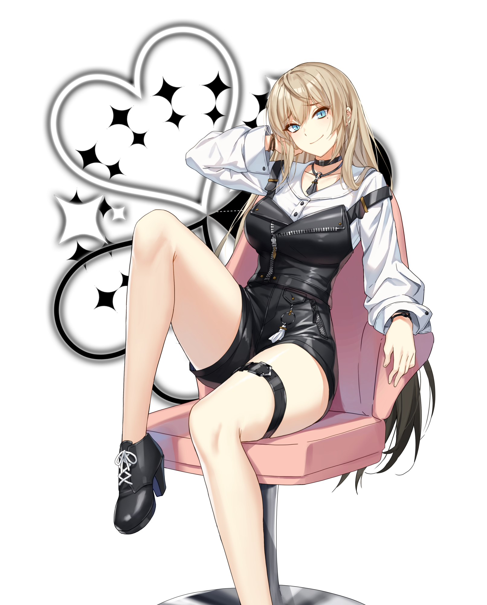 harpy (closers), wen yong fa, yukikaze (kancolle), closers, highres, official art, 1girl, bare legs, belt, black choker, black hair, black shoes, black shorts, blonde hair, blue eyes, breasts, buttons, chair, choker, closed mouth, collared shirt, hand up, high heels, knee up, large breasts, long hair, long sleeves, looking at viewer, mole, mole under eye, multicolored hair, shirt, shoes, short shorts, shorts, simple background, sitting, smile, solo, strap slip, thigh belt, thigh strap, thighs, two-tone hair, very long hair, white background, white shirt, yuki washimura