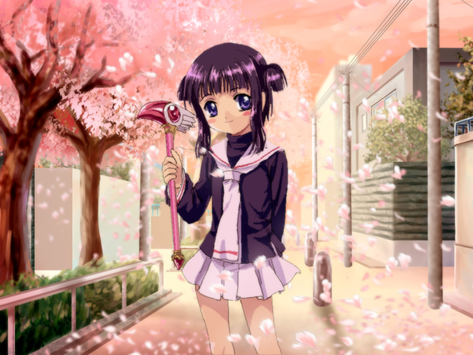 mutsuki (moonknives), daidouji tomoyo, kinomoto sakura, cardcaptor sakura, kodansha, highres, non-web source, 1girl, cherry blossoms, child, cosplay, female focus, fuuin no tsue, kinomoto sakura (cosplay), magical girl, oekaki, solo