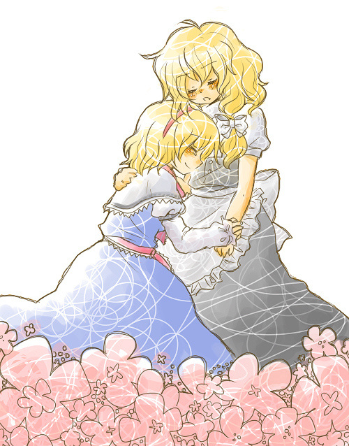korona, alice margatroid, kirisame marisa, touhou, 2girls, female focus, hug, multiple girls