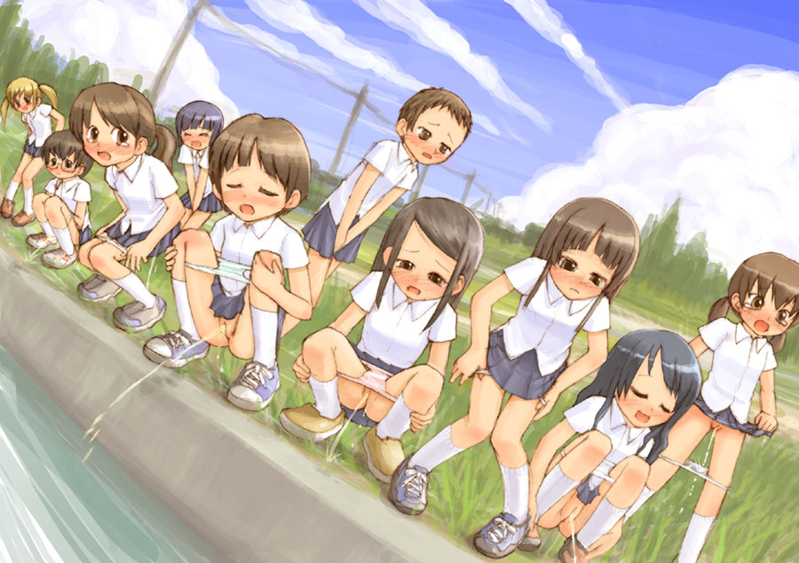 gouchin (nyou-tou), 6+girls, black hair, blonde hair, blush, brown hair, cleft of venus, clothes lift, embarrassed, female focus, glasses, have to pee, knees together feet apart, loli, long hair, multiple girls, outdoors, panties, panty pull, pee, peeing, peeing together, pleated skirt, ponytail, public indecency, pussy, school uniform, shoes, short hair, skirt, skirt lift, sneakers, socks, squatting, tears, twintails, uncensored, underwear