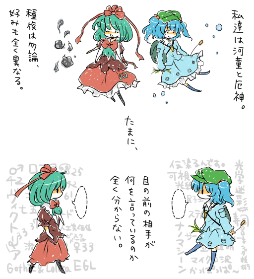 korona, kagiyama hina, kawashiro nitori, touhou, translation request, 2girls, comic, female focus, front ponytail, multiple girls, two side up