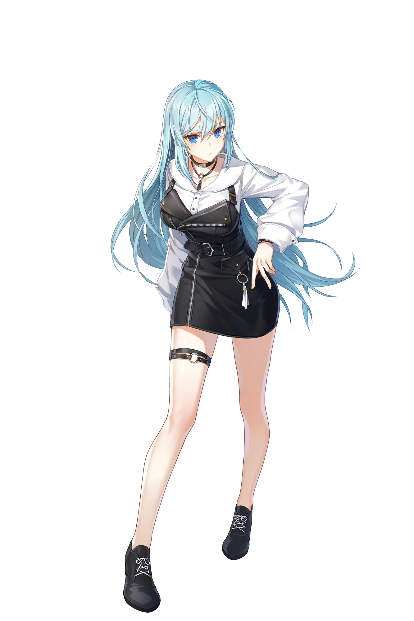 violet (closers), closers, highres, official art, 1girl, aqua hair, bare legs, black choker, black overalls, black shoes, blue eyes, breasts, buttons, choker, closed mouth, collared shirt, expressionless, full body, large breasts, long hair, long sleeves, looking at viewer, miniskirt, overall skirt, overalls, shirt, shoes, simple background, skirt, solo, thigh strap, thighs, very long hair, white background, white shirt