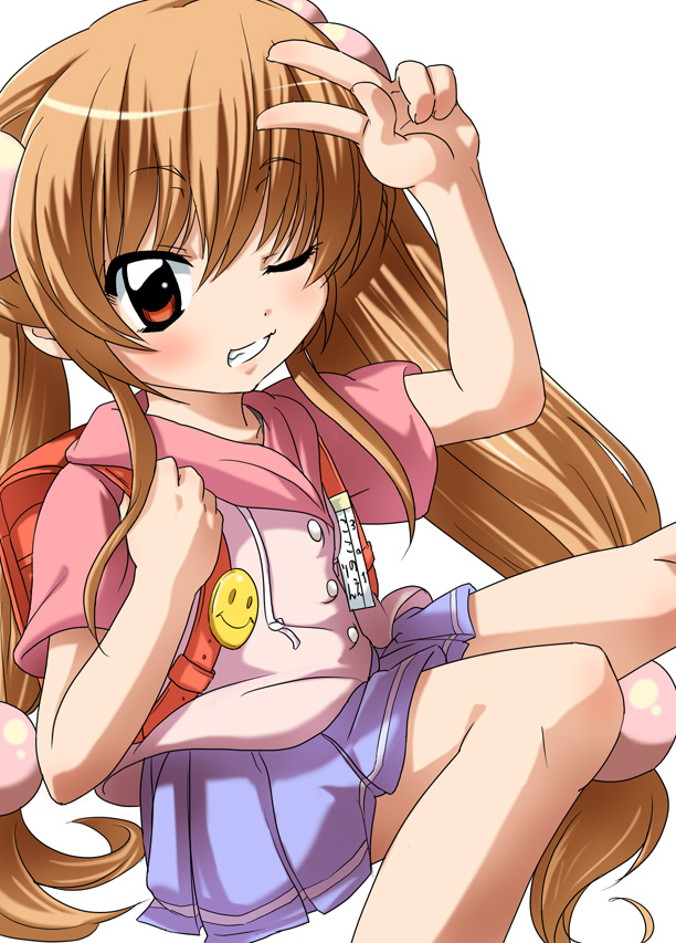mishima hiroji, kokonoe rin, kodomo no jikan, 00s, 1girl, backpack, bag, blonde hair, blue skirt, blush, brown eyes, buttons, child, female focus, hair bobbles, hair ornament, long hair, name tag, one eye closed, pleated skirt, randoseru, red bag, short sleeves, skirt, smile, smiley face, solo, twintails, v, very long hair, wink