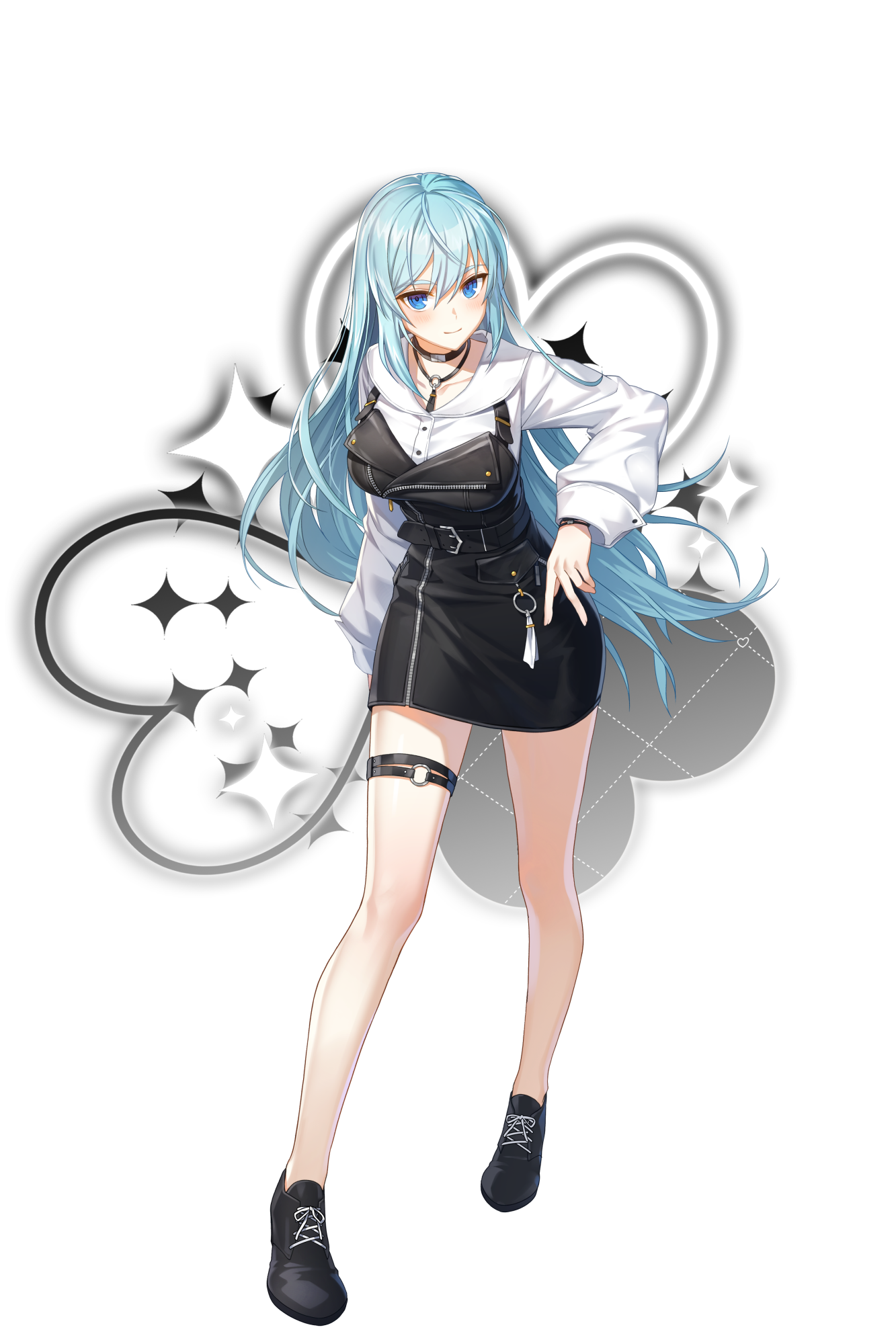 violet (closers), closers, highres, official art, 1girl, aqua hair, bare legs, black choker, black overalls, black shoes, blue eyes, breasts, buttons, choker, closed mouth, collared shirt, full body, large breasts, long hair, long sleeves, looking at viewer, miniskirt, overall skirt, overalls, shirt, shoes, simple background, skirt, smile, solo, thigh strap, thighs, very long hair, white background, white shirt