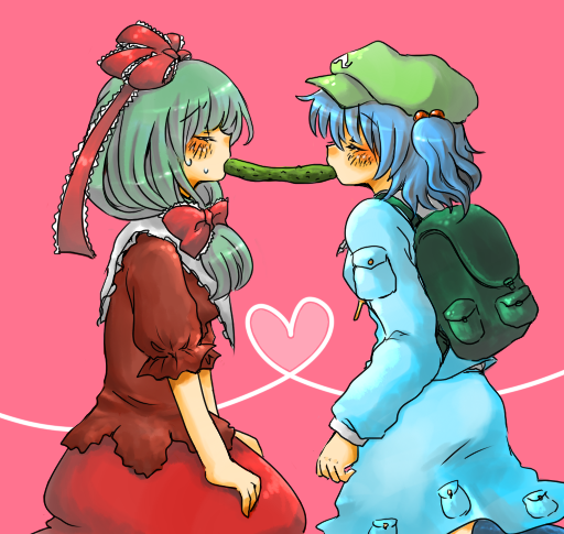korona, kagiyama hina, kawashiro nitori, touhou, 2girls, aqua hair, backpack, bag, blue hair, blush, bow, closed eyes, cucumber, female focus, food, front ponytail, hair bow, hat, heart, lace, multiple girls, pocket, pocky, pocky kiss, ribbon, shared food, sweat, twintails, two side up, yuri